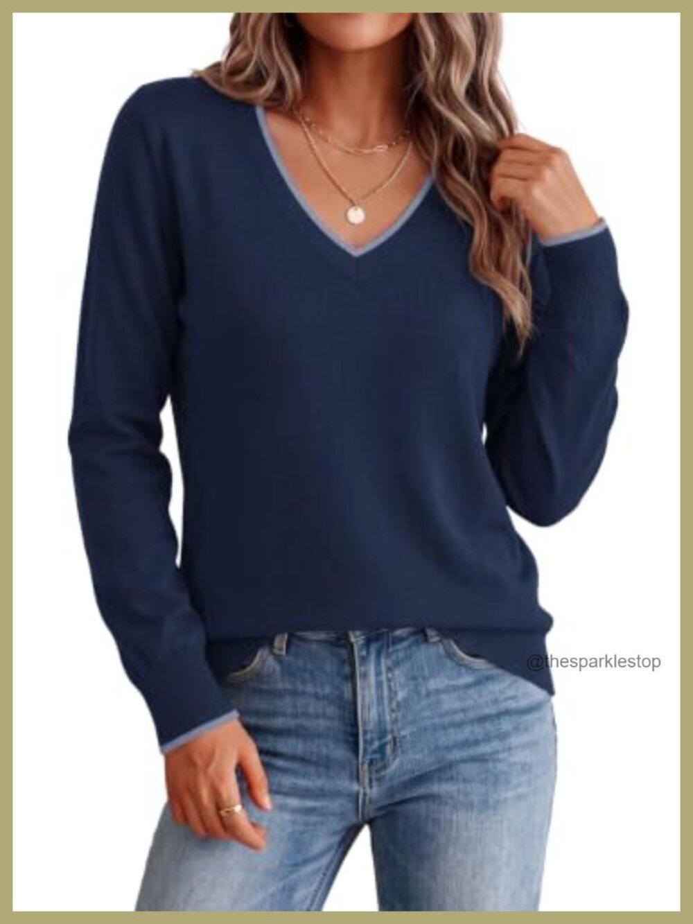 V Neck Long Sleeve Knit Pullover Sweater Lightweight Relaxed Fit
